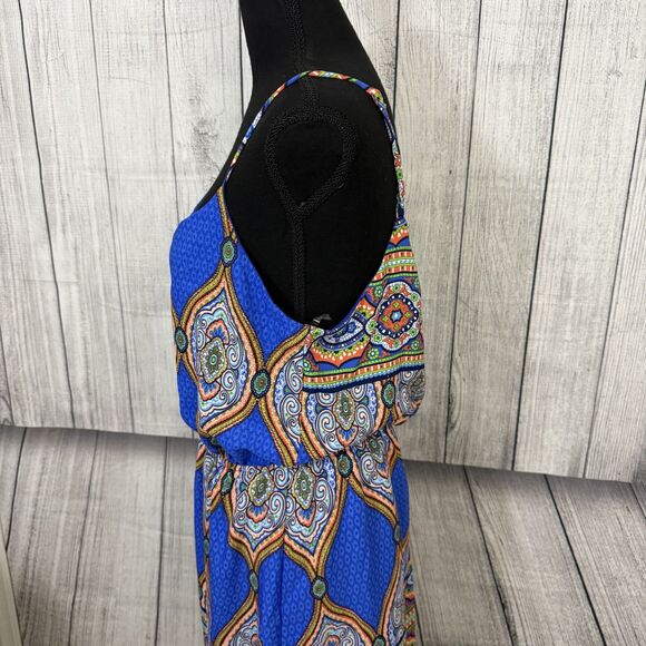 Oddy Anthropologie Women Large Blue Ethnic Print Boho Spaghetti Strap Mini Dress - Picture 4 of 8